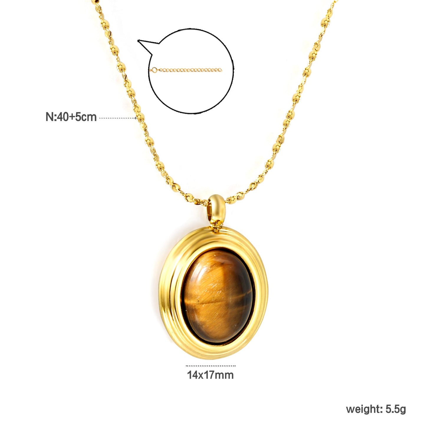14*17mm oval with white/rose cat's eye/tiger's eye pendant 40+5cm+6mm round necklace gold color