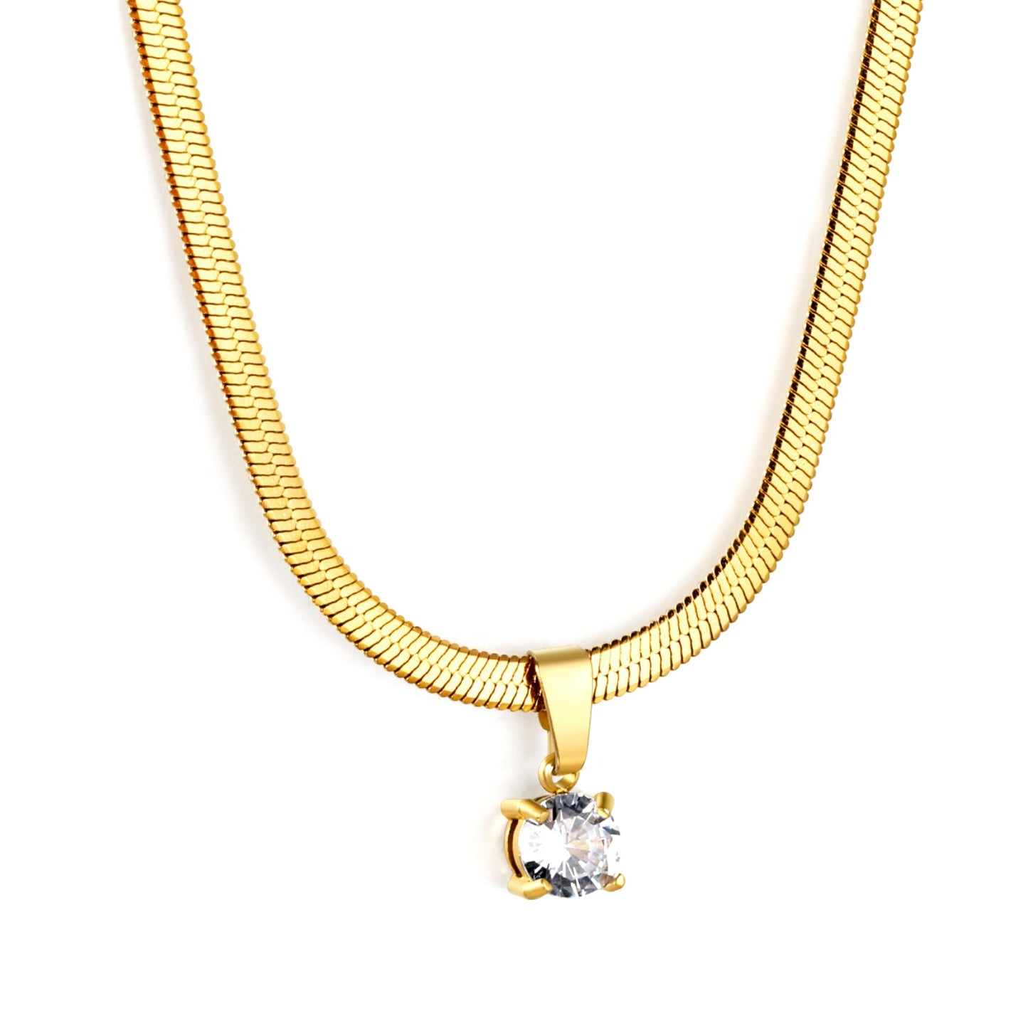 5.9 mm round white diamond pendant, 3.2 mm blade chain 40 + 5 cm + 6 mm round tail tag necklace, gold