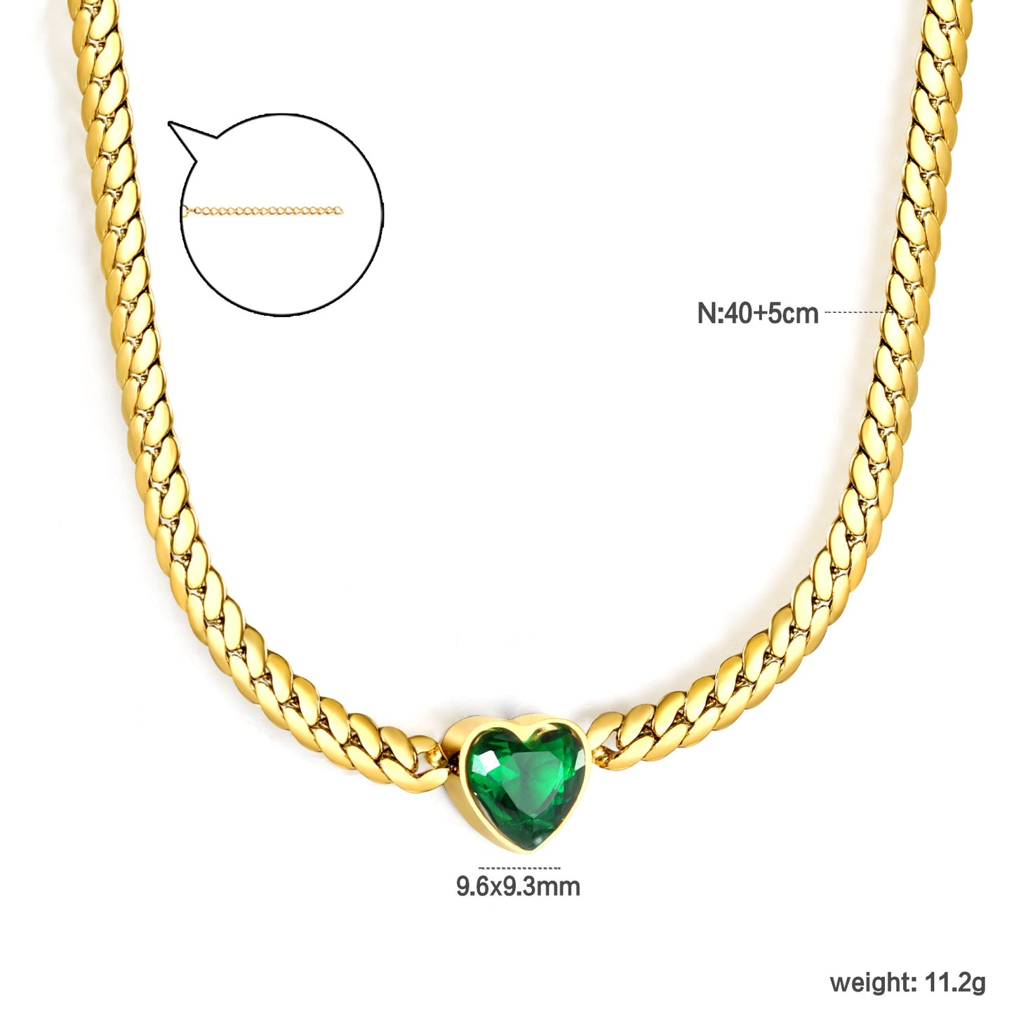 12.2mm White/Green Diamond Heart Pendant 4mm Golden Dragon Necklace 40+5cm+3*10mm Square Tail Plate/Cone Tail Plate Necklace Golden