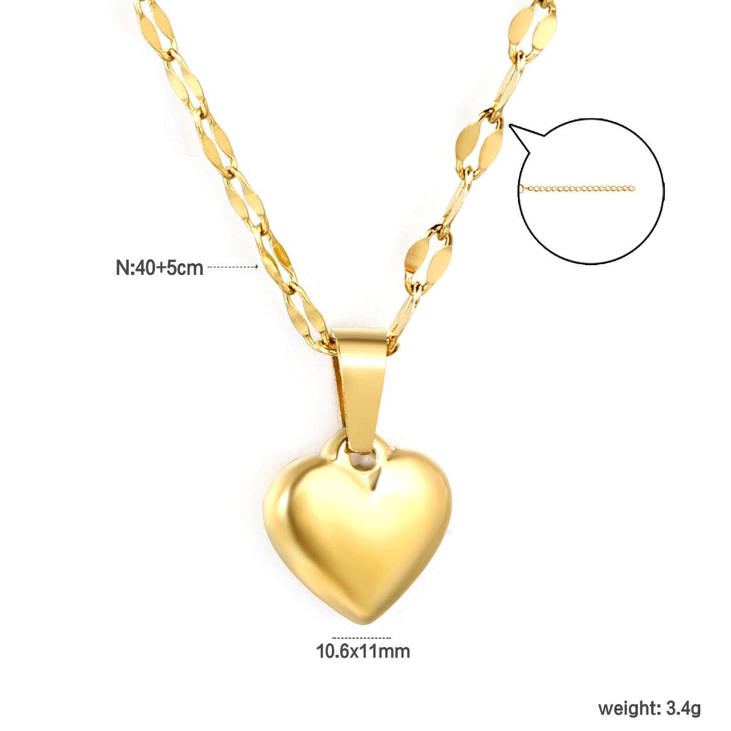 10.6x11mm 3D heart pendant lip chain 40+5cm necklace, gold