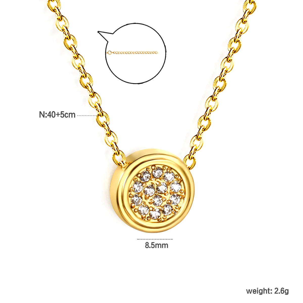 Pendentif rond en zircone CNC 8,5 mm à bord convexe, chaîne à maillons croisés 0,3, collier rond 40+5 cm + 6 mm, doré