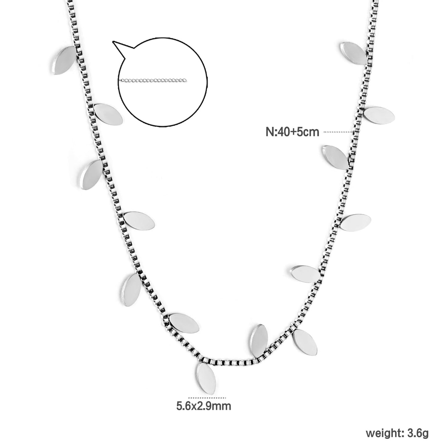 5.6*2.9mm Vine Shape 1.0 Box Chain 40+5cm+6mm Round Tail Plaque Necklace Steel/Golden
