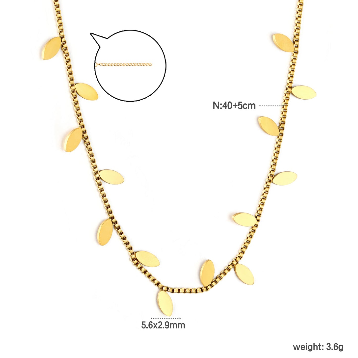 5.6*2.9mm Vine Shape 1.0 Box Chain 40+5cm+6mm Round Tail Plaque Necklace Steel/Golden