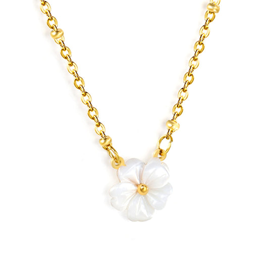 12.5mm white shell peach blossom flower clasp bead chain 40+5cm+6mm round pendant necklace, gold
