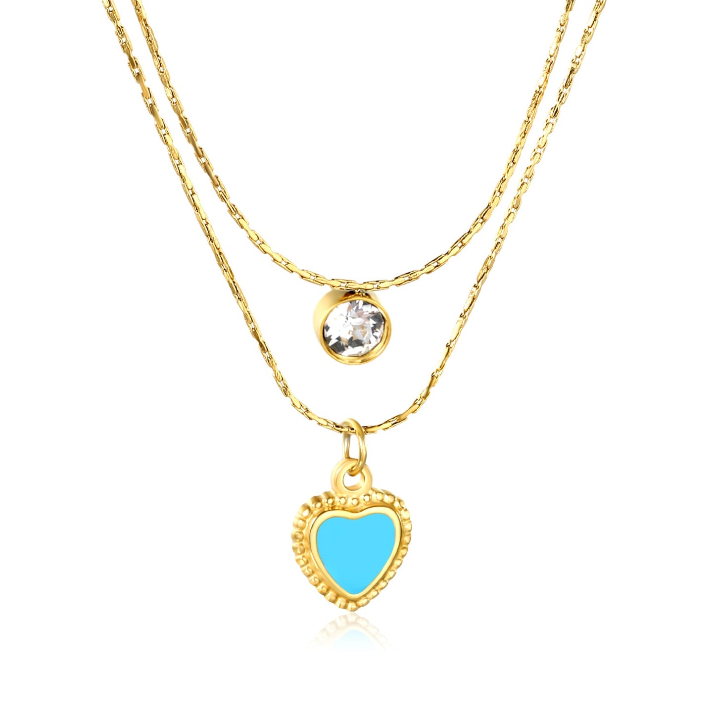 5mm cylindrical white diamond + 8.5x11.1mm blue teardrop heart 0.9 hammered square chain 50+40+5cm + 6mm round tag double chain necklace, gold
