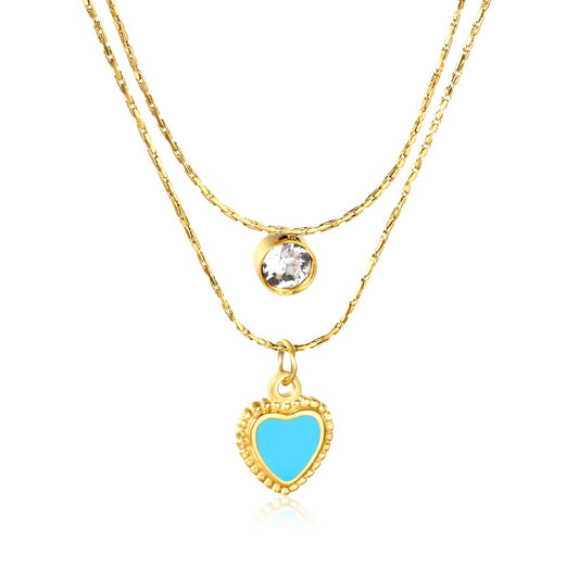 5mm cylindrical white diamond + 8.5x11.1mm blue teardrop heart 0.9 hammered square chain 50+40+5cm + 6mm round tag double chain necklace, gold
