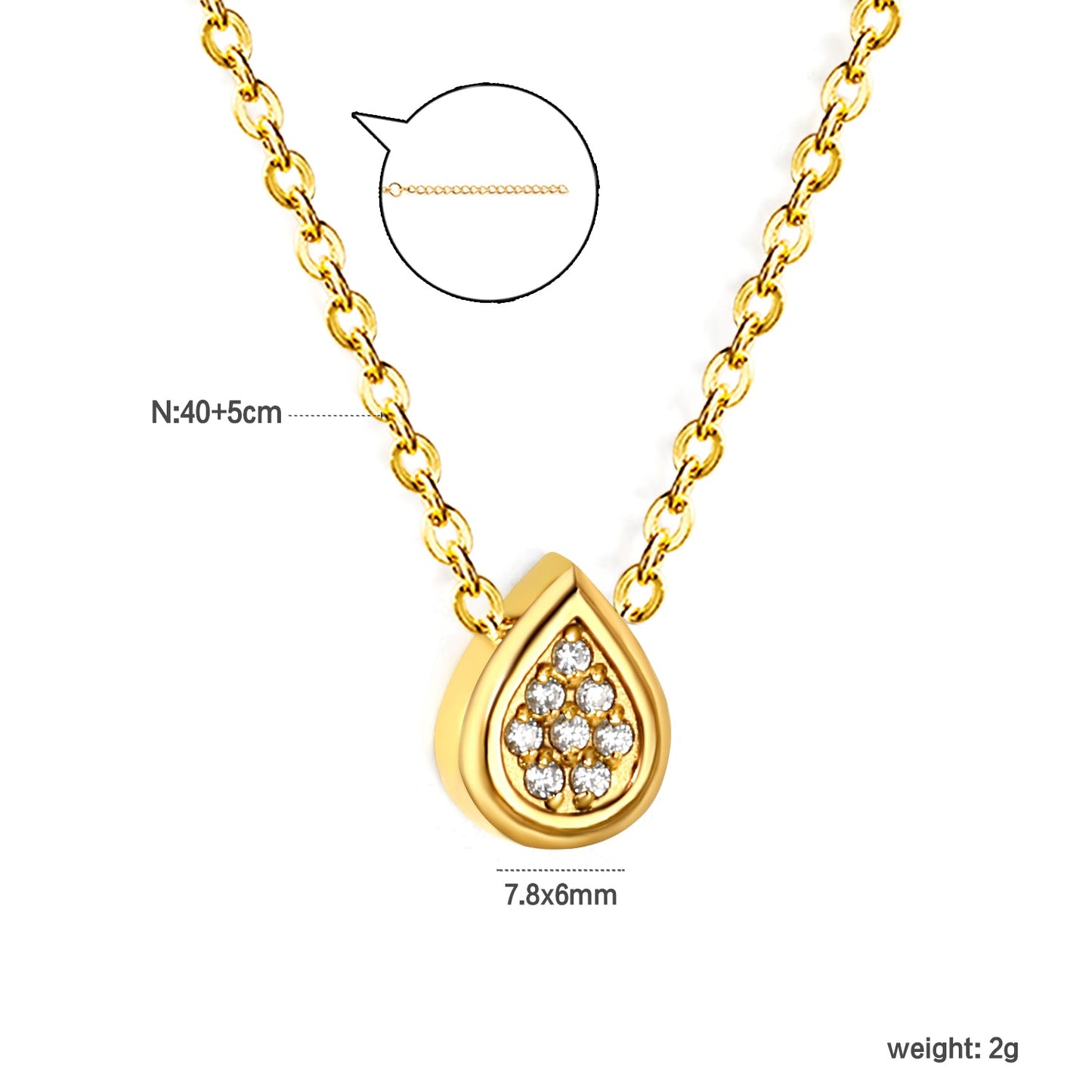 7.8*6mm Convex Teardrop CNC Zirconia Pendant 0.3 Cross Chain 40+5cm+6mm Round Necklace GOLD