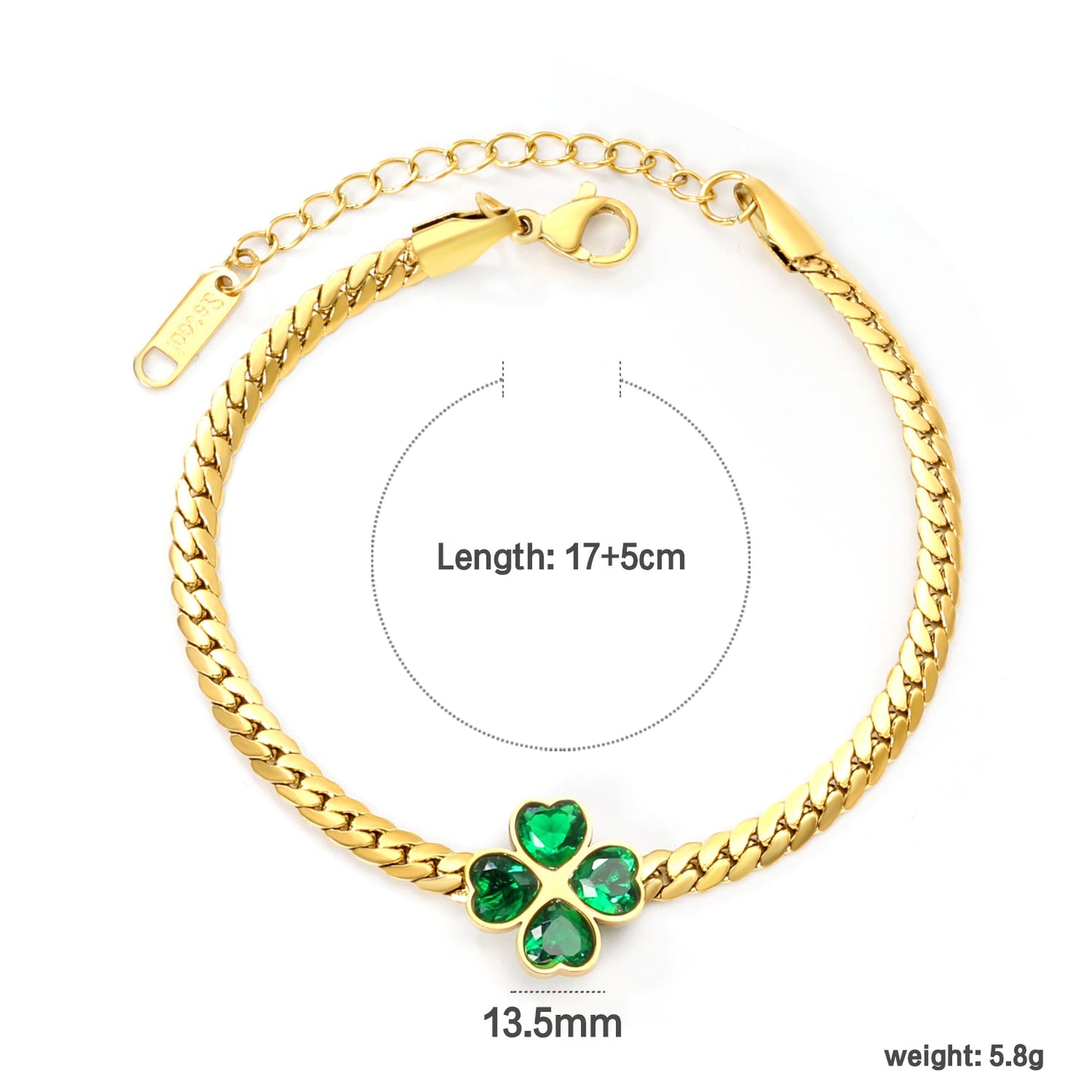 13.5mm four-leaf clover with green zircon 3.9 gold dragon chain 17+5cm+11.2*3.7mm square tail plaque bracelet gold color