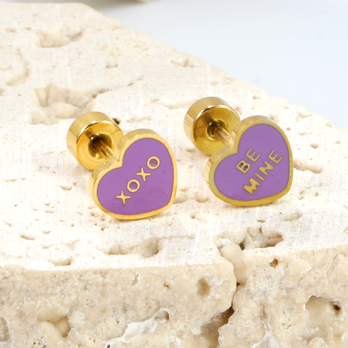 Screw plug 0.8*8mm pin 7*6.3mm heart with purple oil drop earrings gold color
