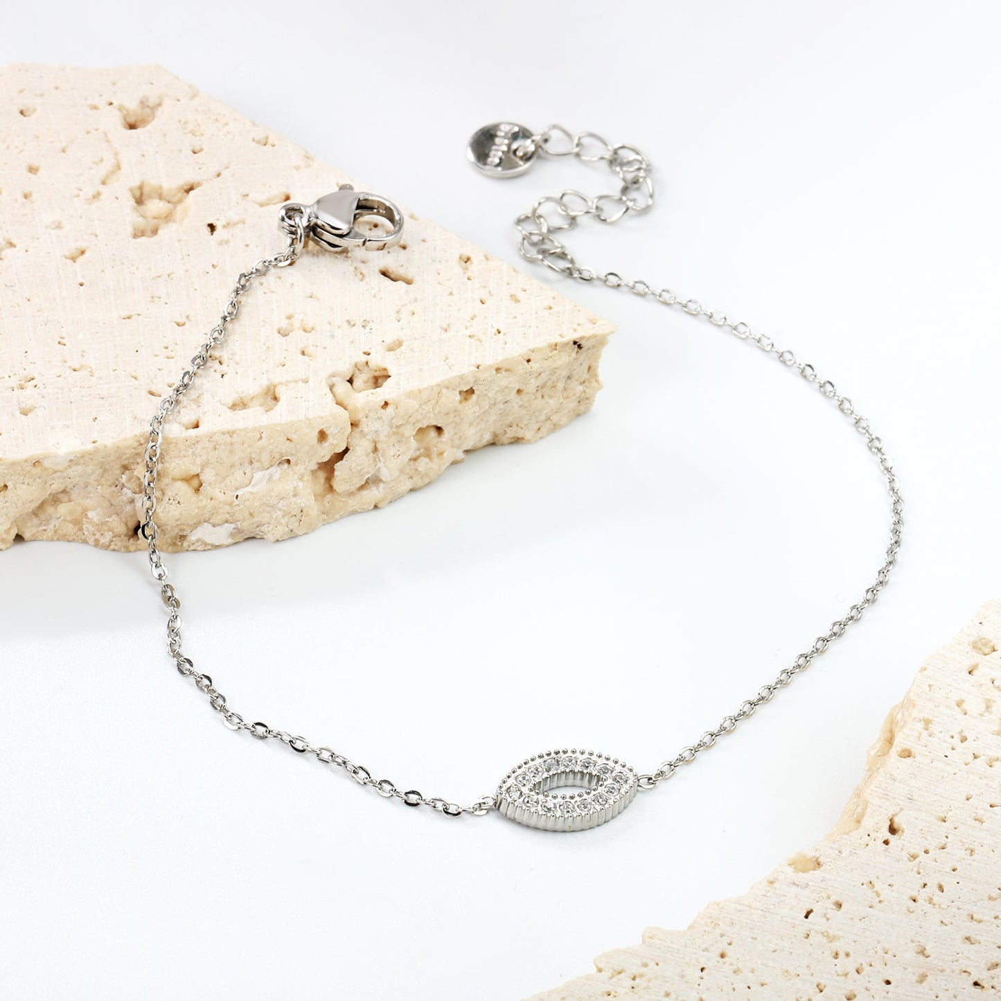 Eyes CNC white zirconium accessories bracelet 0.3 cross chain 17 + 3cm + 6mm round plate steel color / gold