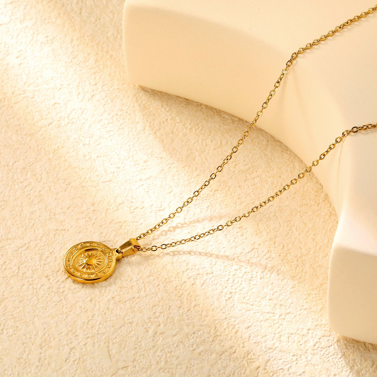 15.4mm Sun Moon Star Compass Pendant 45+5+6mm Necklace Steel/Golden