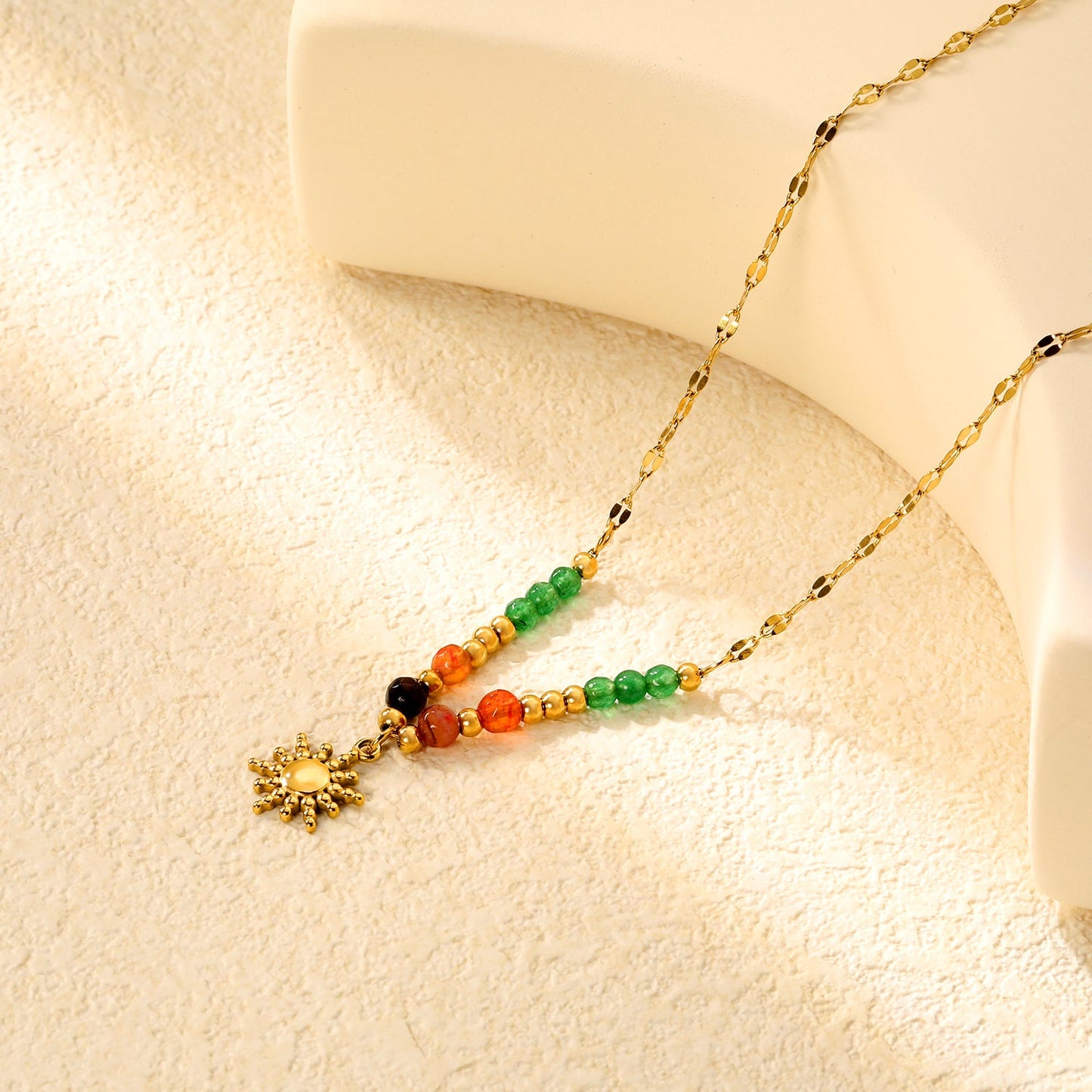 4mm mixed-color natural stone + 3mm steel beads + 11.2mm sun pendant, 40cm lip chain + 5cm + 3.5x11mm square-shaped pendant, necklace, gold color