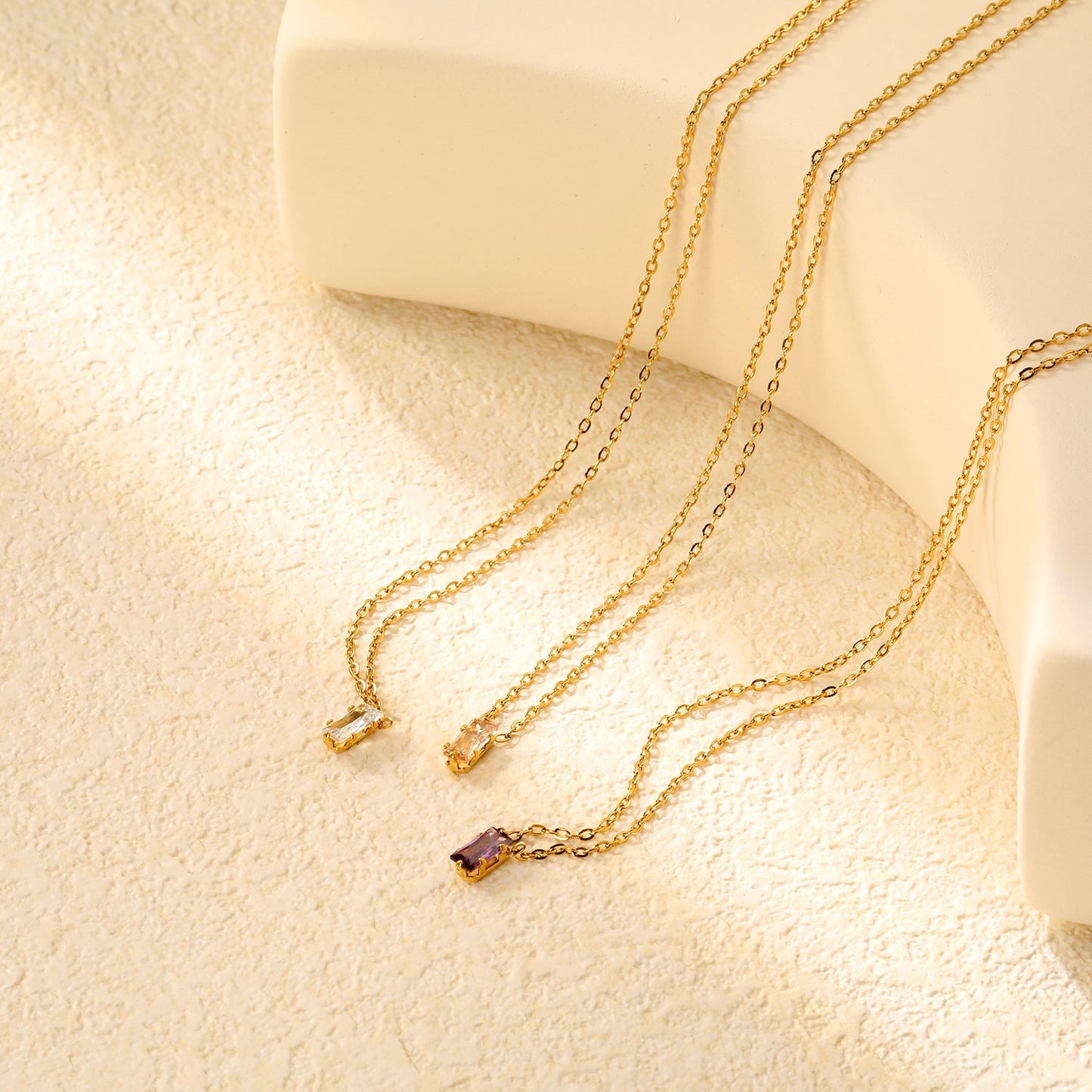 4.5*7.4mm Square White/Purple/Champagne Zircon Pendant 0.3 Cross Chain 40+5cm+6mm Round Tail Plaque Necklace GOLDEN