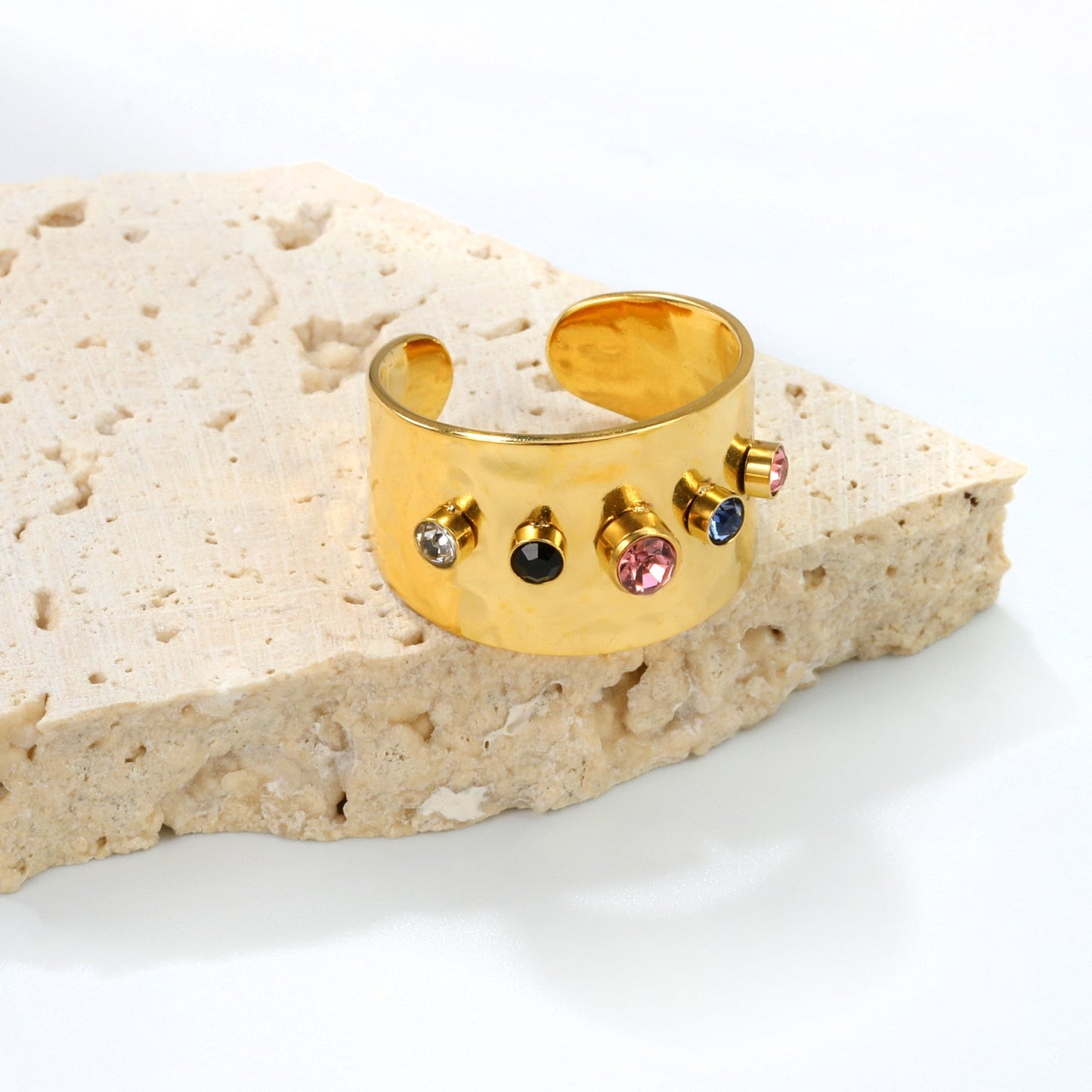 Height 13.3mm Bezel set with multiple and mixed zirconias Open-end ring Gold
