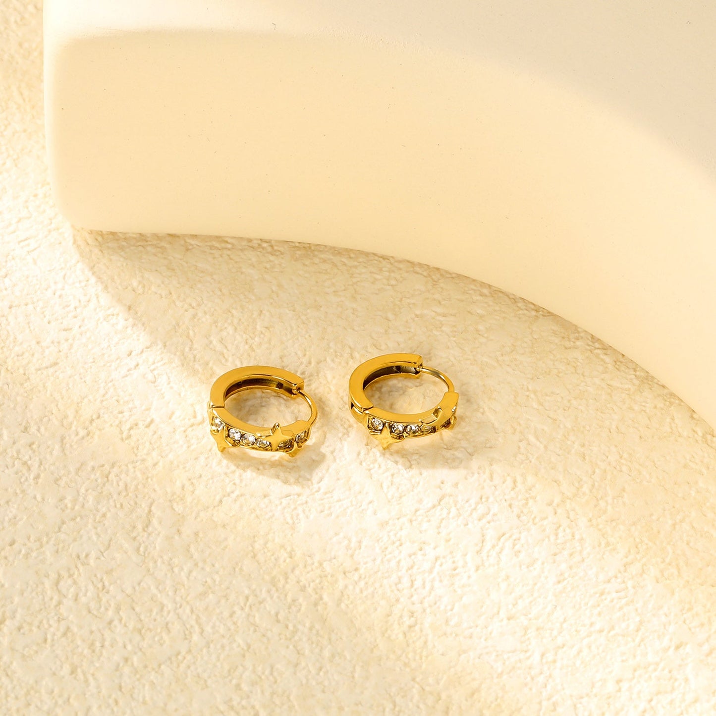 5.4 x 12mm star + half-circle imitation white Czech diamonds, earring posts 2.2 x inner diameter 10mm, gold-colored earrings
