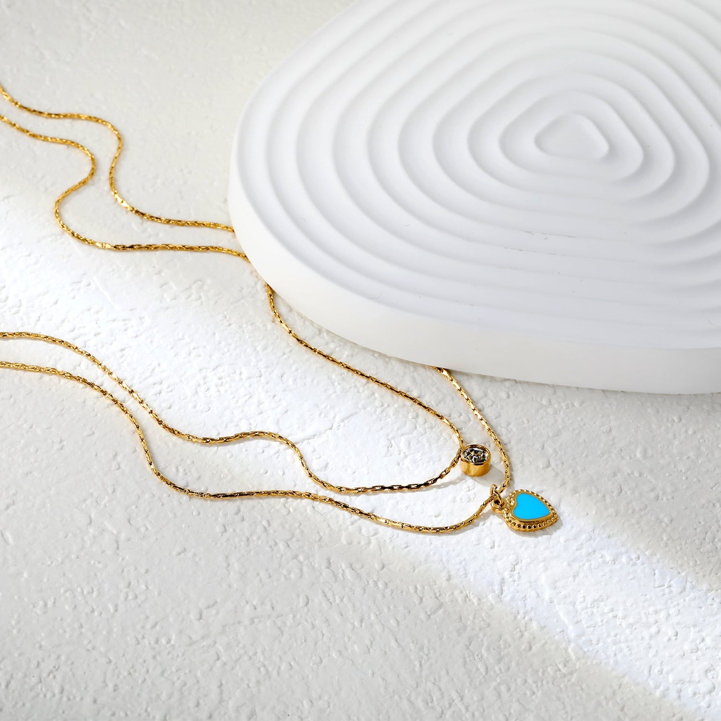 5mm cylindrical white diamond + 8.5x11.1mm blue teardrop heart 0.9 hammered square chain 50+40+5cm + 6mm round tag double chain necklace, gold
