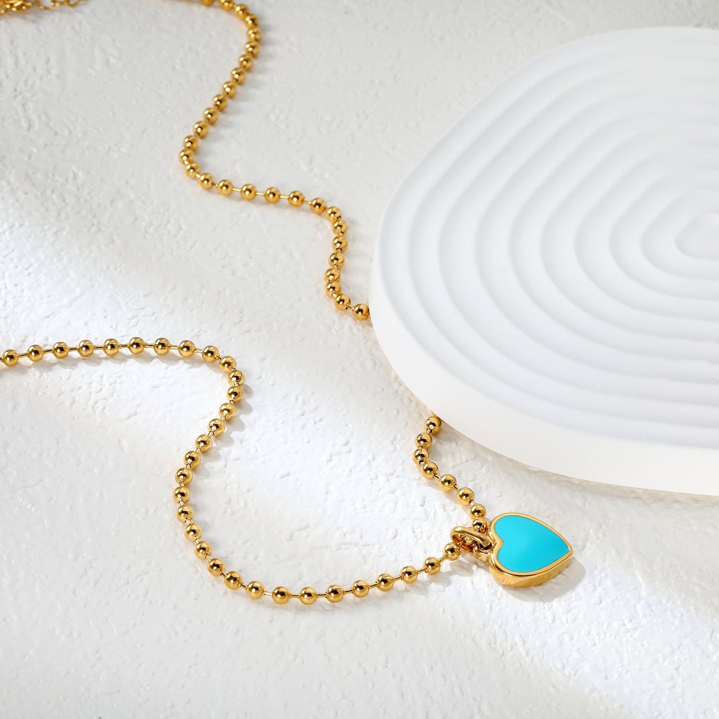 14.3x16.4mm blue teardrop heart 3mm bead chain 40+5cm + 6mm round tag necklace, gold