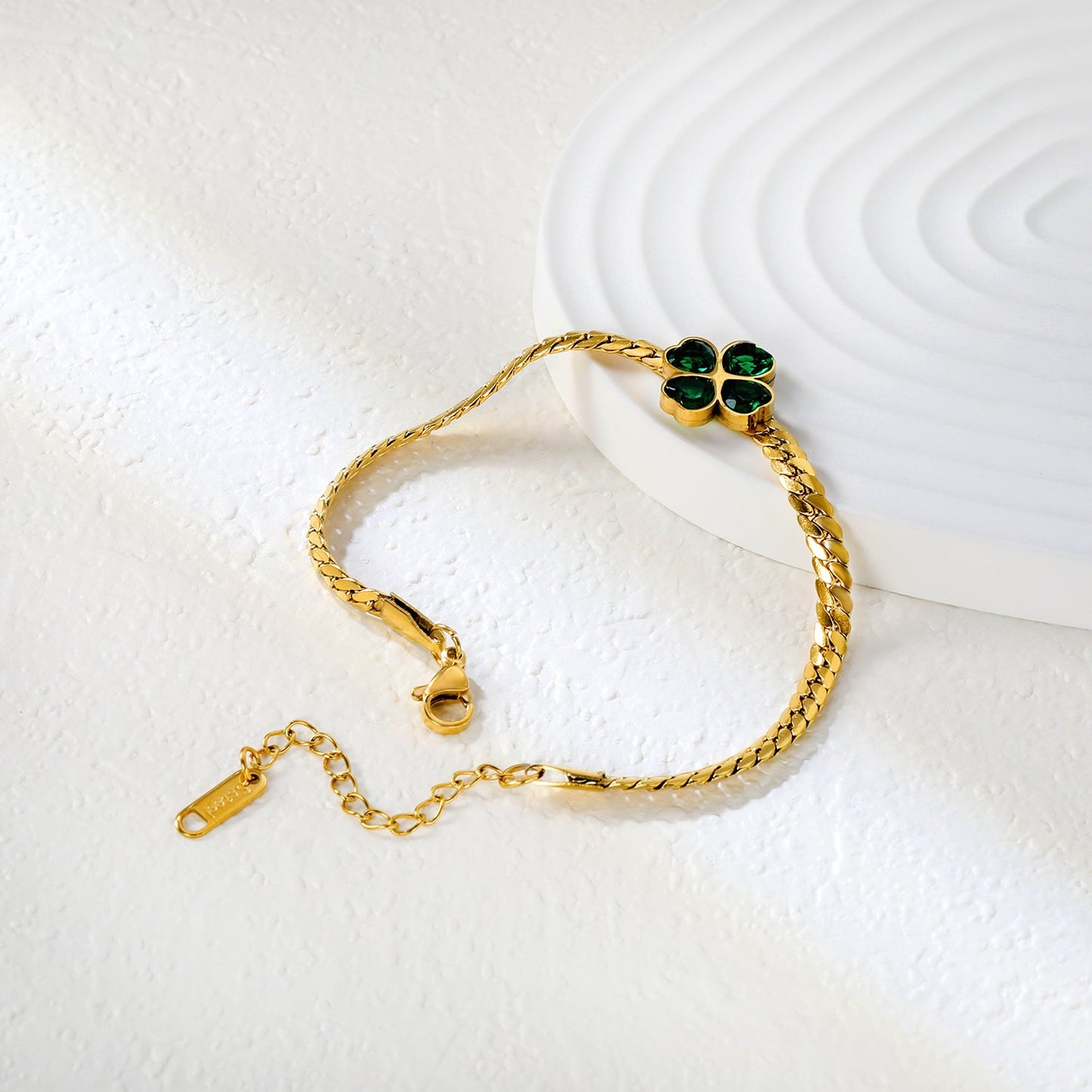 13.5mm four-leaf clover with green zircon 3.9 gold dragon chain 17+5cm+11.2*3.7mm square tail plaque bracelet gold color