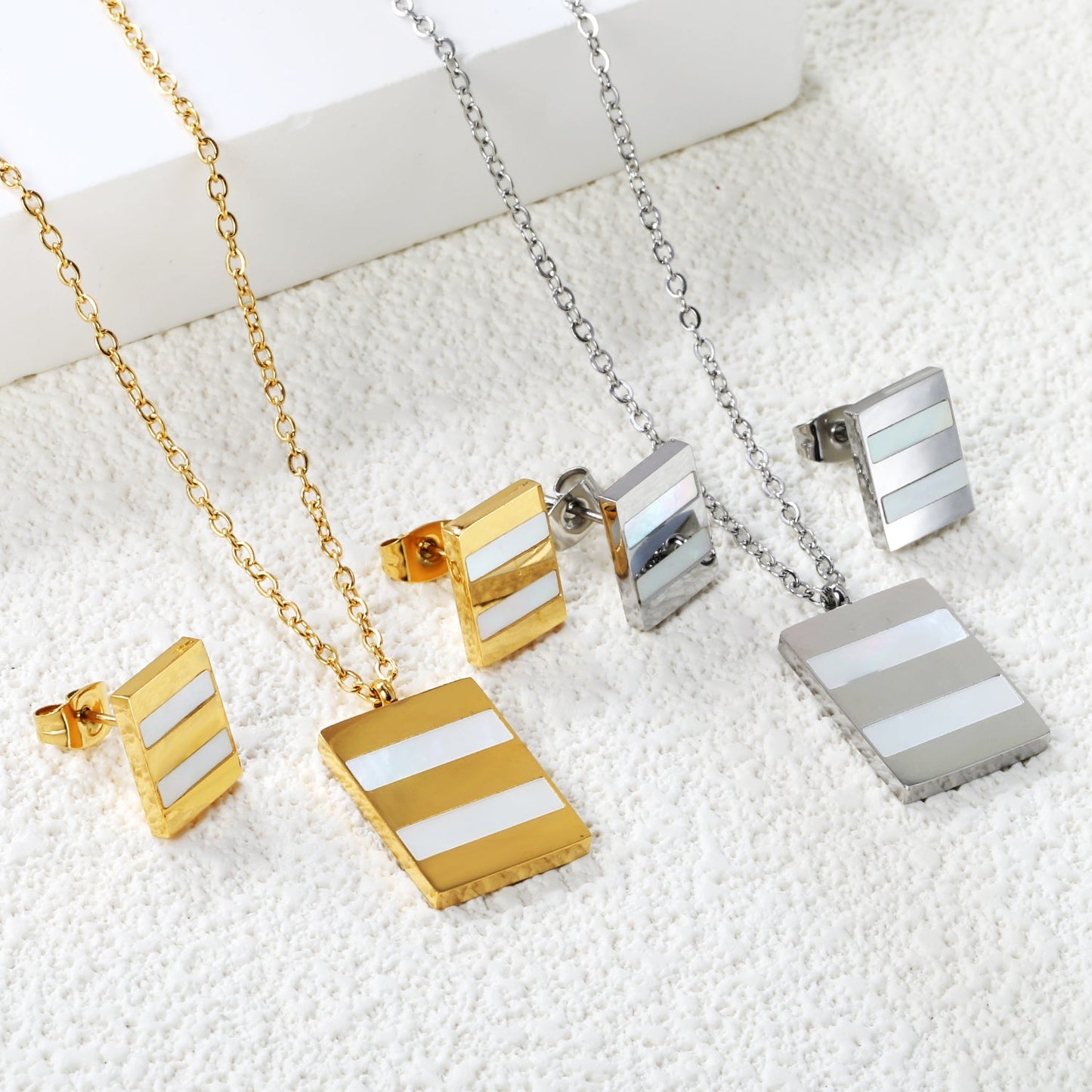 Rectangle Sticky White Shell Set Steel/Gold Earrings:9*12mm Pendant:13.5*18mm 04 Cross 45+5cm+6mm Round Plaque