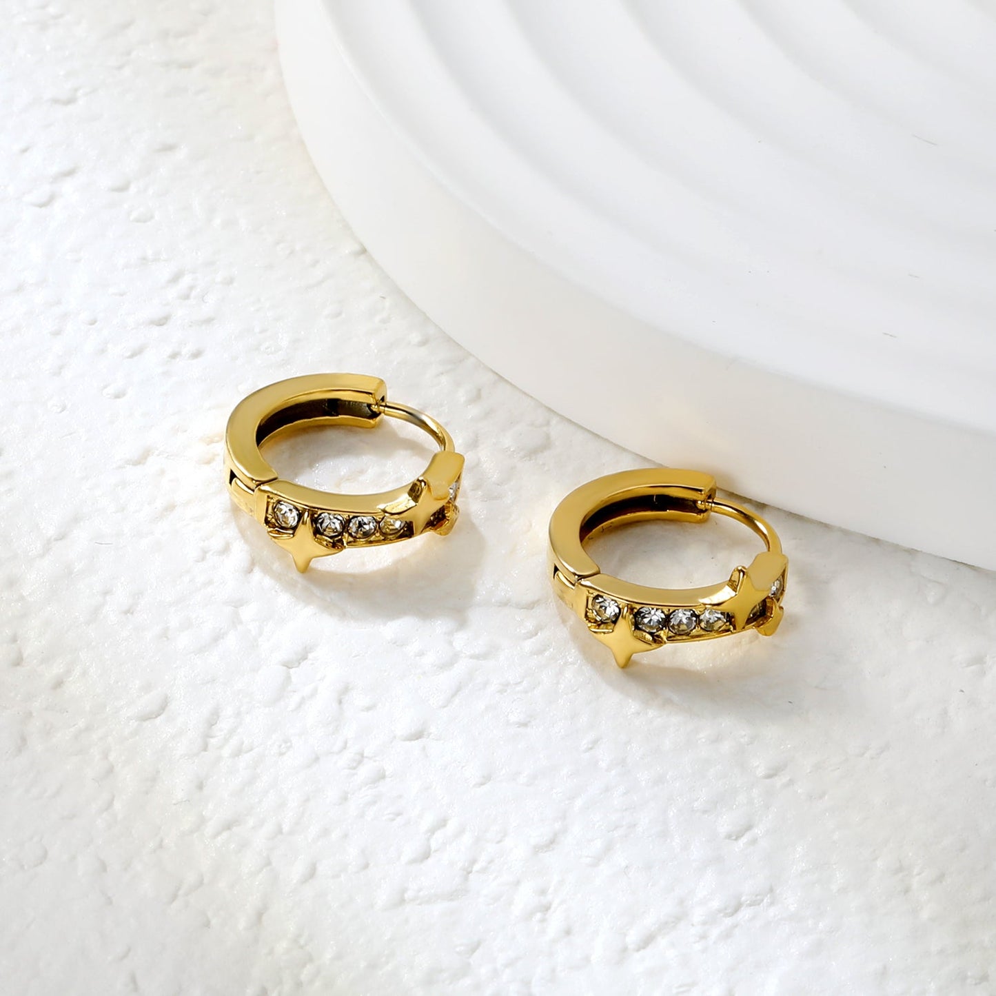 5.4 x 12mm star + half-circle imitation white Czech diamonds, earring posts 2.2 x inner diameter 10mm, gold-colored earrings
