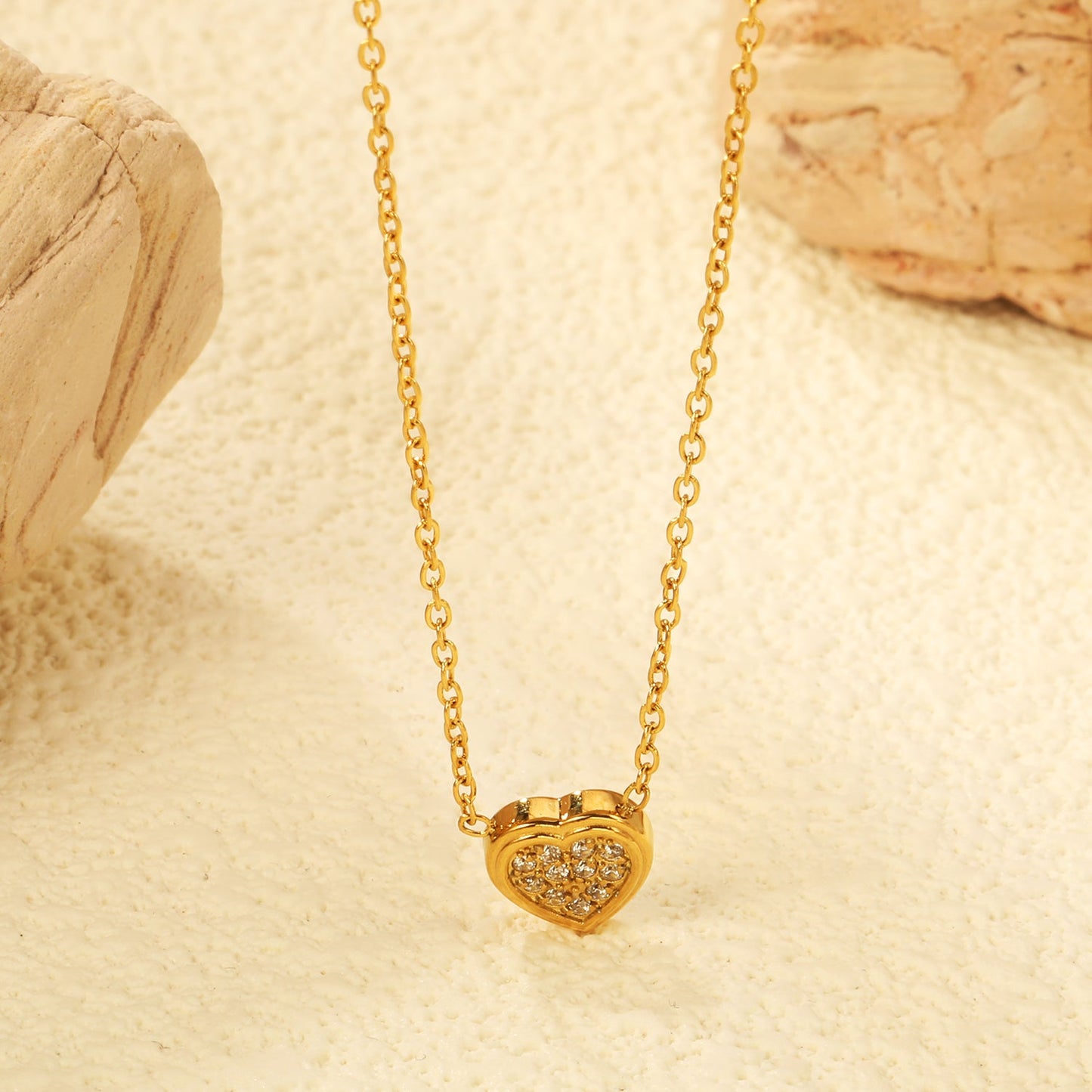7.7*8mm Convex Heart CNC Zirconia Pendant 0.3 Cross Chain 40+5cm+6mm Round Necklace Golden
