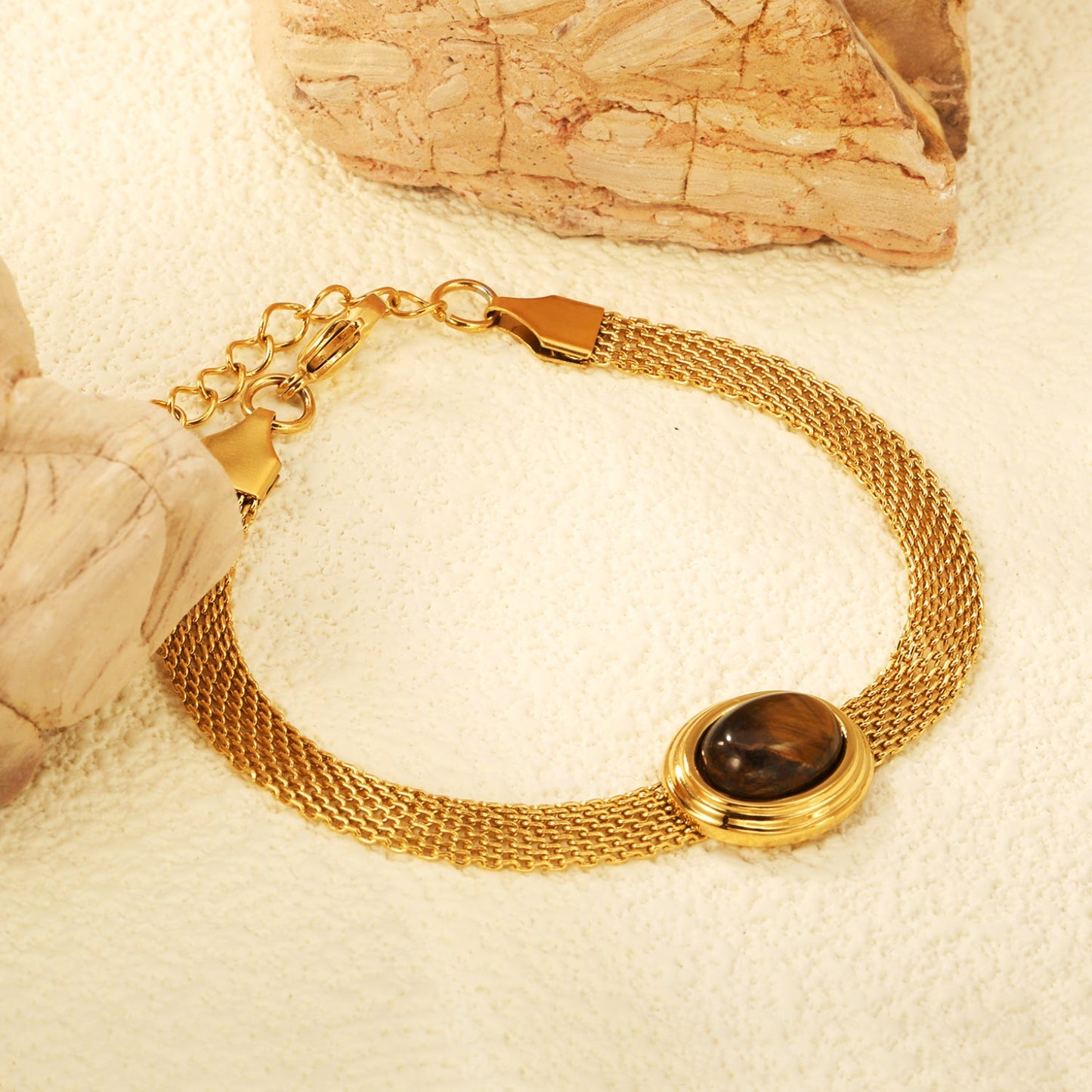 14*17mm oval with white cat's eye/tiger's eye stone fittings Thick 1*Wide 6mm mesh chain 18+3cm+6mm round plaque Bracelet Gold color