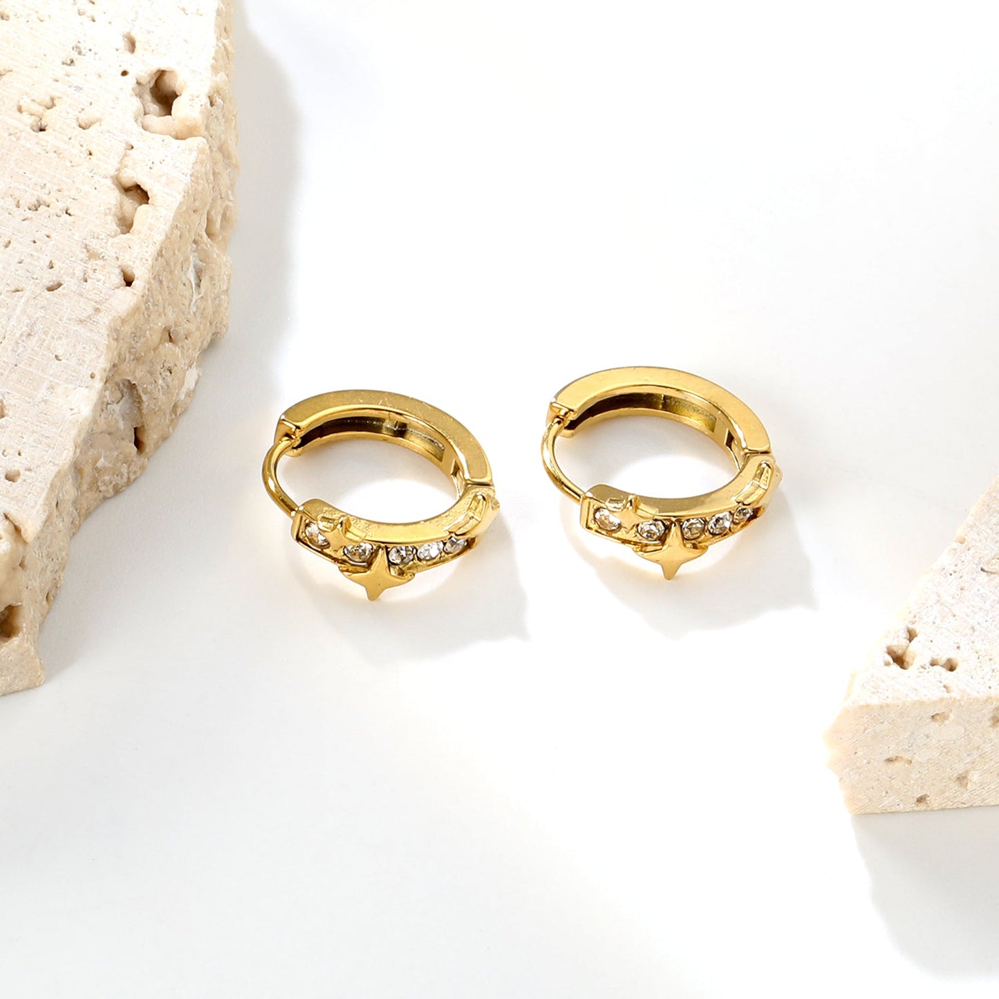 5.4 x 12mm star + half-circle imitation white Czech diamonds, earring posts 2.2 x inner diameter 10mm, gold-colored earrings
