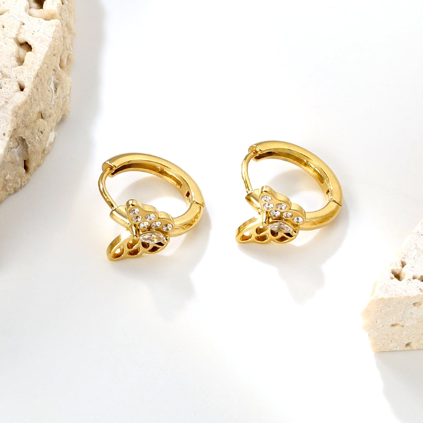 9.1 x 6.8mm Semi-Hollow Butterfly with White Zirconia Earring Hook 2.2 x Inner Diameter 10mm Earring Gold