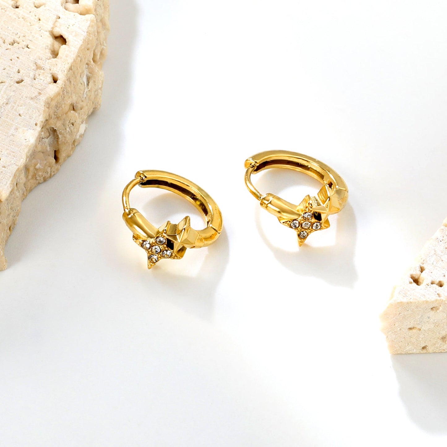 8 x 7.5mm four-pointed star imitation white Czech diamonds, earring posts 2.2 x inner diameter 10mm, gold-colored earrings