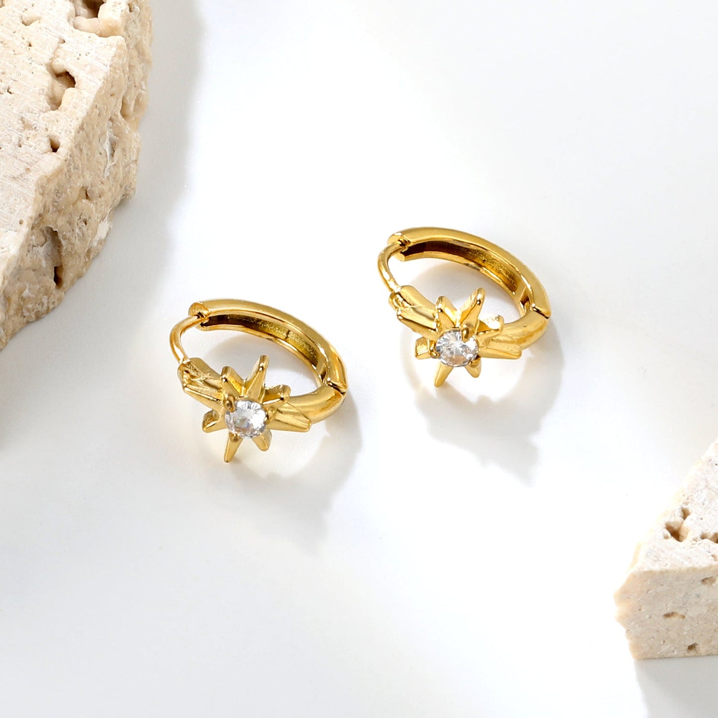 8.9 x 9.6mm eight-pointed star with white zirconia earring with 2.2mm earring post and 10mm inner diameter, gold-colored