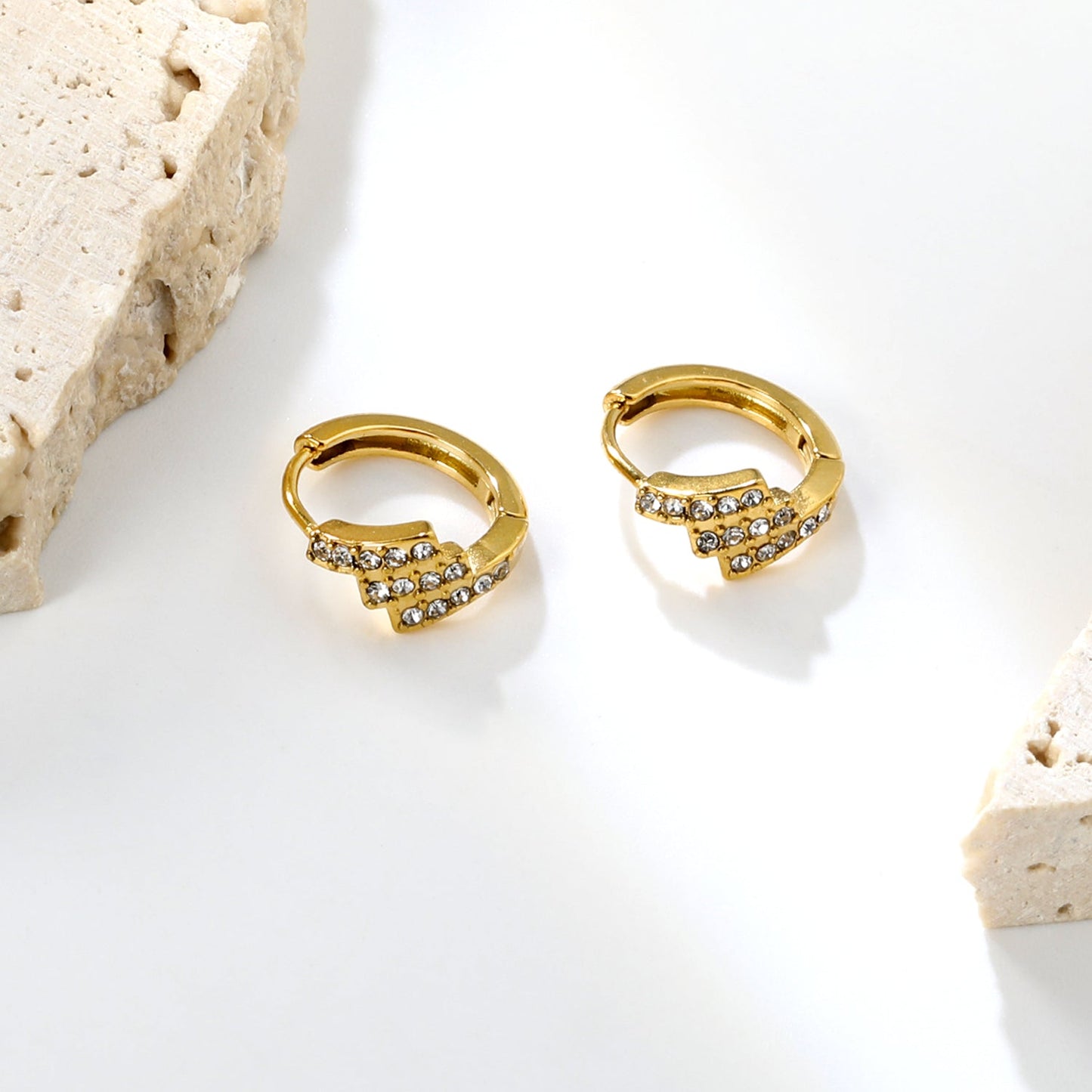 6.4 x 10.9mm diagonal rectangular white zirconia stud earrings with 2.2mm post and 10mm inner diameter, gold-plated