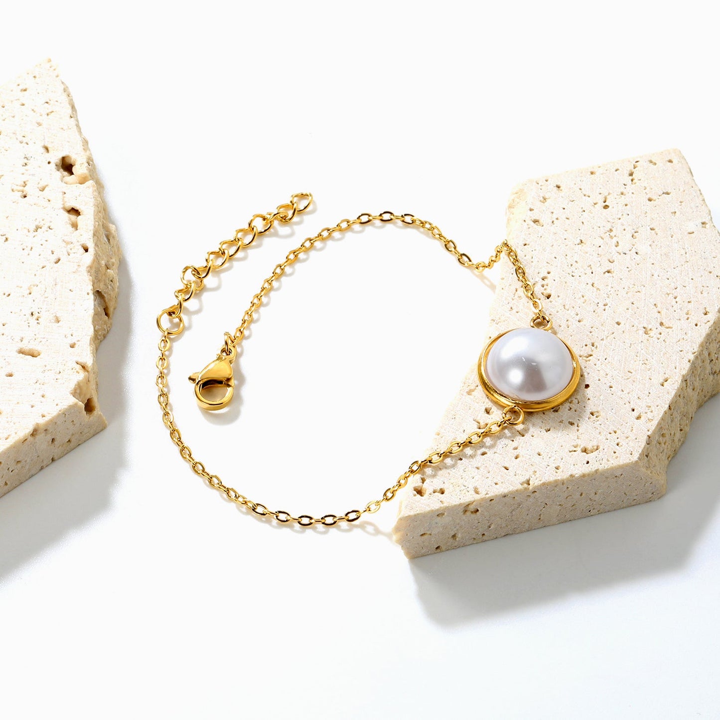 12-14mm round with half white pearl 16-18+3cm bracelet steel/gold color