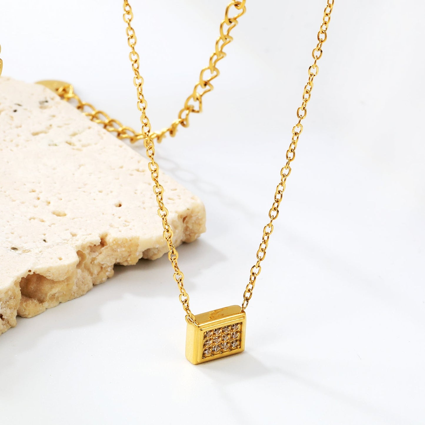 7.7*6mm convex rectangle CNC white zirconium pendant 0.3 cross chain 40+5cm+6mm round plaque necklace gold color