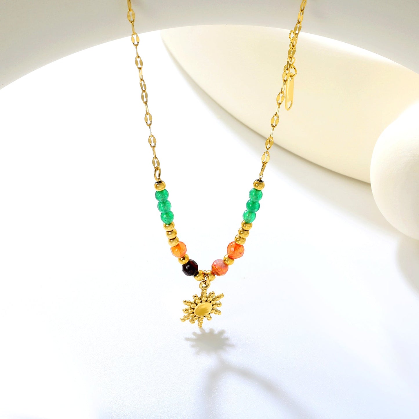4mm mixed-color natural stone + 3mm steel beads + 11.2mm sun pendant, 40cm lip chain + 5cm + 3.5x11mm square-shaped pendant, necklace, gold color