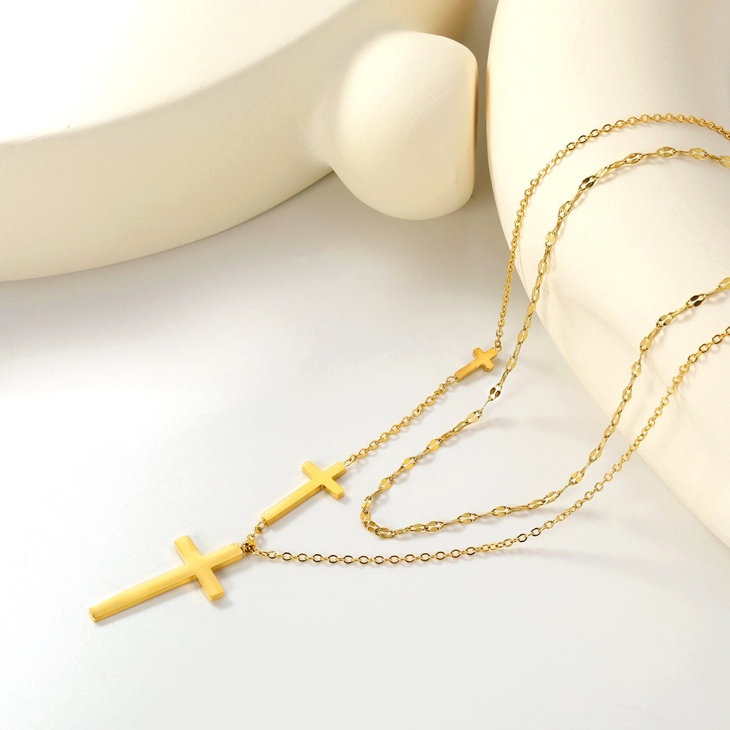 15 x 31.3mm + 10 x 19.4mm + 4.9 x 10mm Cross Pendant Lip Chain 40 + Cross Chain 45 + 5cm Double Chain Necklace, Gold