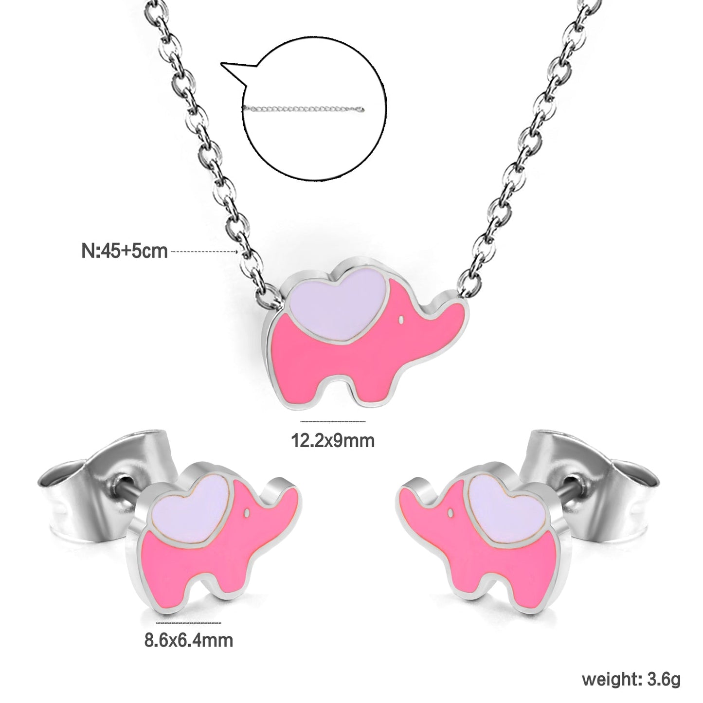 8.6*6.4mm small elephant with pink oil drop earrings +12.2*9mm pendant set cross 0.3mm*45+5cm+6mm round plate steel color / gold color