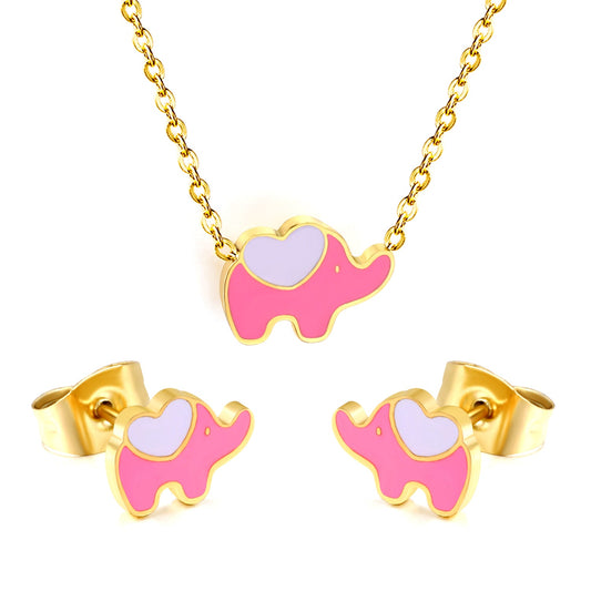 8.6*6.4mm small elephant with pink oil drop earrings +12.2*9mm pendant set cross 0.3mm*45+5cm+6mm round plate steel color / gold color