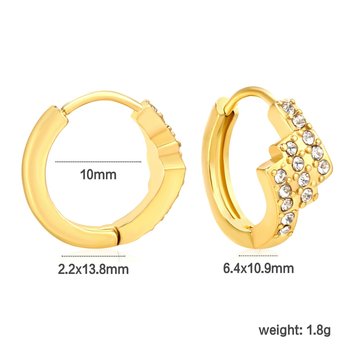 6.4 x 10.9mm diagonal rectangular white zirconia stud earrings with 2.2mm post and 10mm inner diameter, gold-plated
