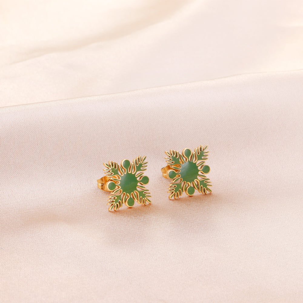 20.2*20.2mm orange/green four-petal flower leaf oil drop earrings gold color