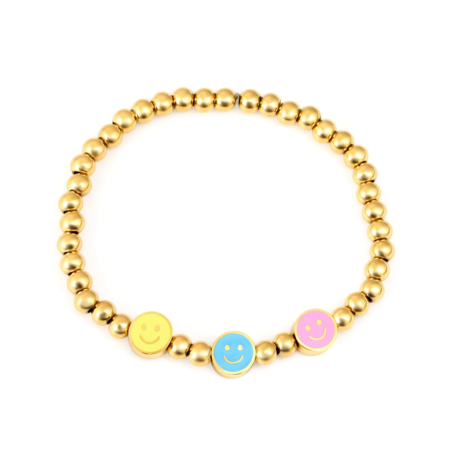 6.6mm Mixed Color Round Smiley Accessories + 4*3mm Steel Beads 15cm Bracelet Golden