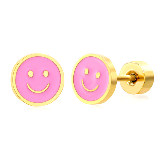 Thick 1.2*6.3mm round smiley face oil drip 0.8*9mm pin Screw plug earrings gold color