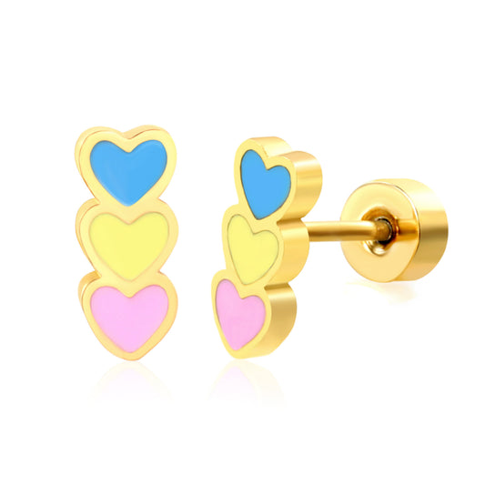 Thick 1.2*3*7.3mm Triple Heart Oil Drop 0.8*9mm Pin Screw plug earring Gold color