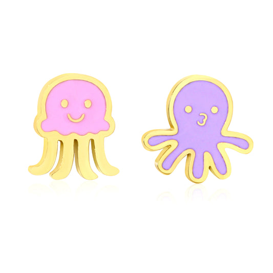 Thick 1.2*7.2*6.8mm octopus + Thick 1.2*5.4*6.5mm jellyfish oil drip 0.8*9mm pin Screw plug earrings gold color