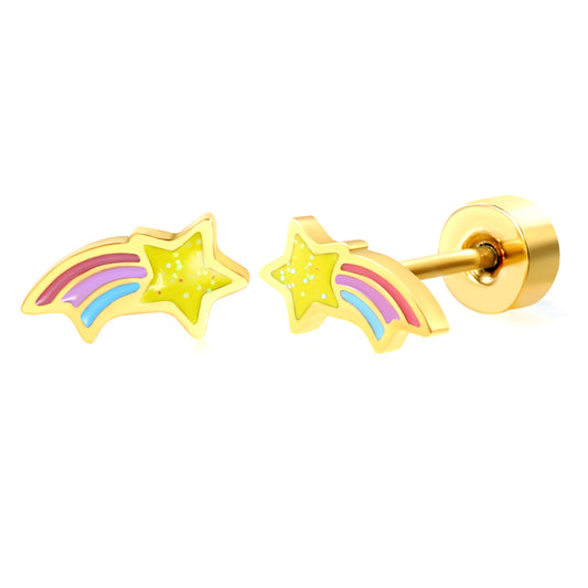 Thick 1.2*7.4*4mm shooting star oil drop + glitter (divided into left and right) 0.8*9mm pin Screw plug earrings gold color