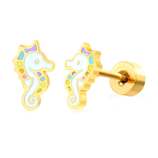 Thick 1.2*4*7.6mm seahorse oil drip (divided into left and right) 0.8*9mm pin Screw plug earrings gold color