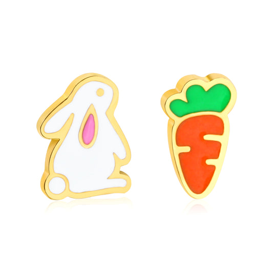 Thick 1.2*3.7*6.5mm carrot + Thick 1.2*5*6.6mm white rabbit oil drip 0.8*9mm pin Screw plug earring Gold color