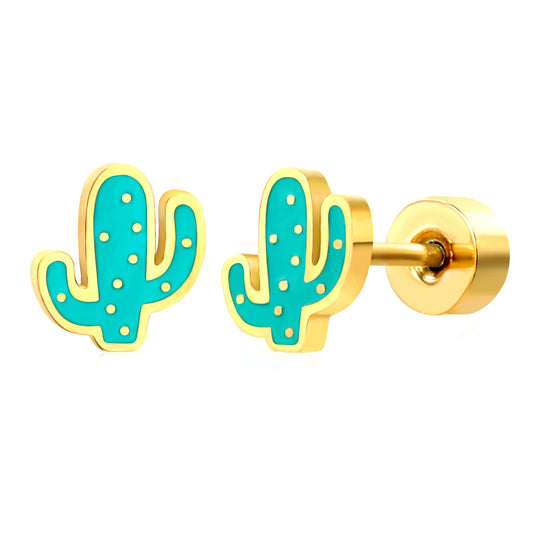 Thick 1.2*5.7*6.3mm Cactus Oil Drip 0.8*9mm Pin Screw Plug Earring Gold Color