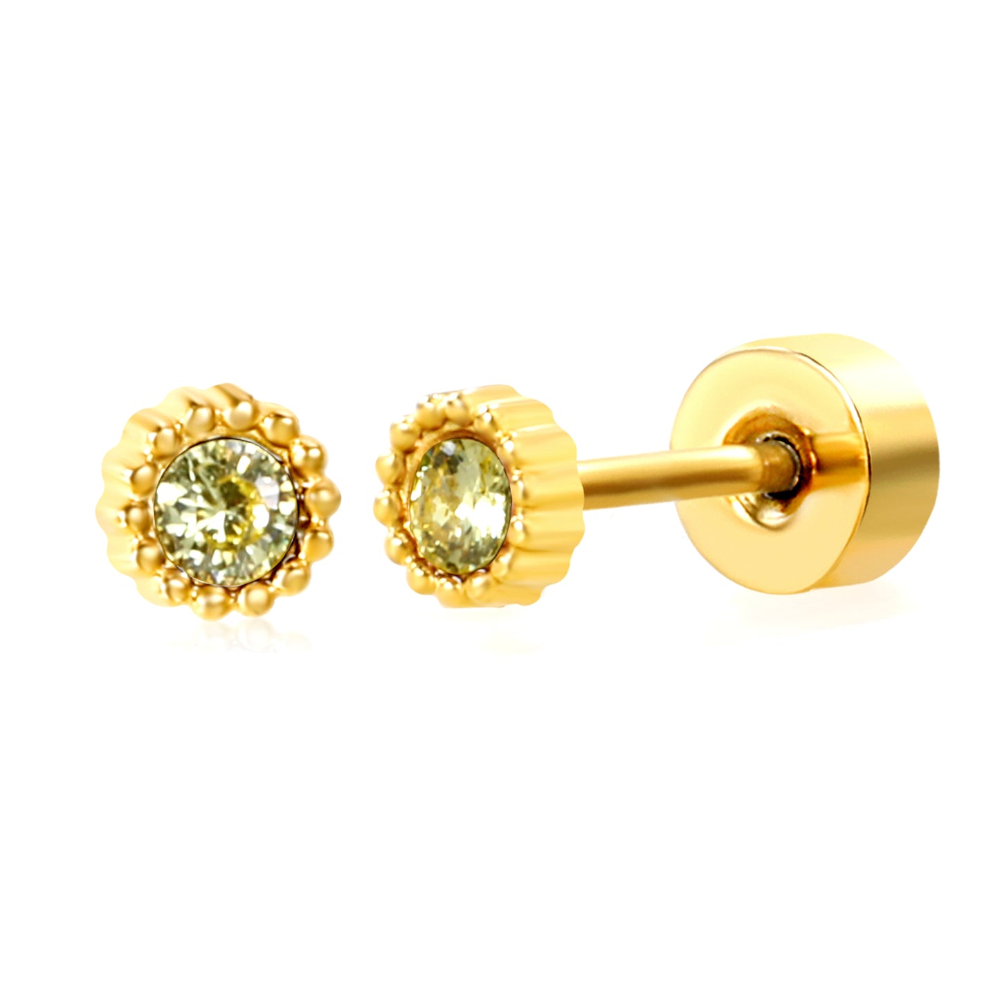 January ~ December Birthstone red / dark purple / aquamarine / white / green / light purple / rose / olive green / navy blue / pink / lemon yellow / lake blue zircon 3.4mm bead side round 0.8 * 9mm pin Screw plug earrings gold color