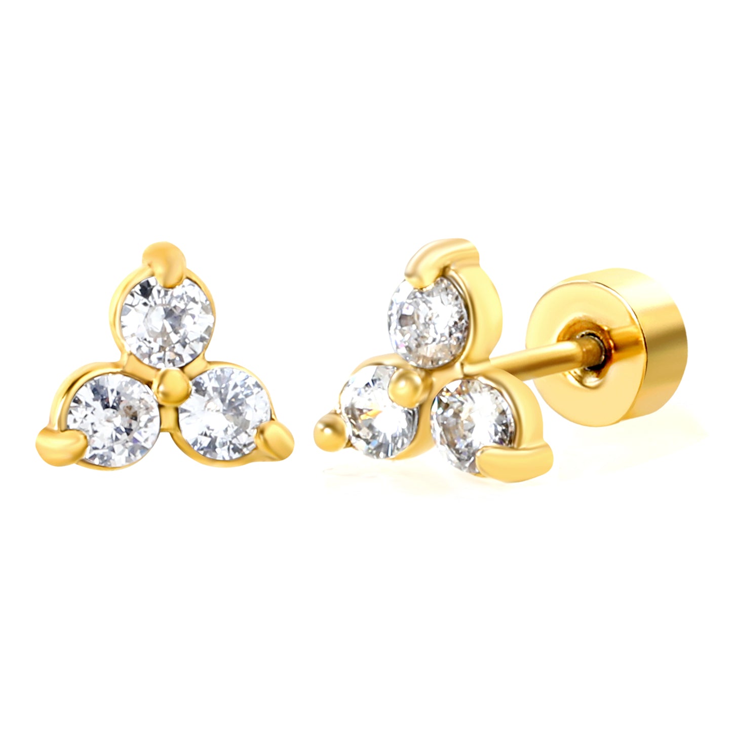 7mm Tri-circle with white zirconium 0.8*9mm pin Screw-on earrings gold color