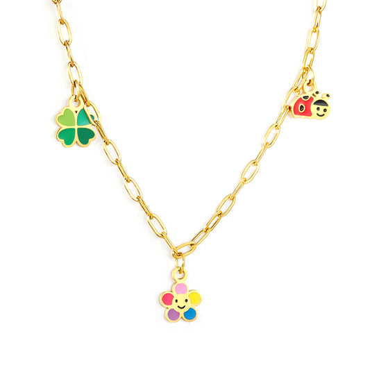 6.3*8.2mm four-leaf clover+6.5*8.7mm five-petal flower+6.6*6.3mm bee accessories thick 1.2m square wire 1.8*4.2mm*40+5cm necklace gold color